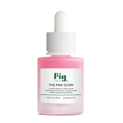 Fig MD The Pink Glow lactic acid serum bottle with pink liquid and floral background