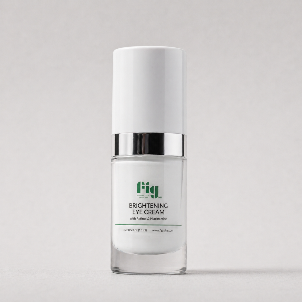 Fig MD Brightening Eye Cream tube with natural background, emphasizing anti-aging and brightening benefits.