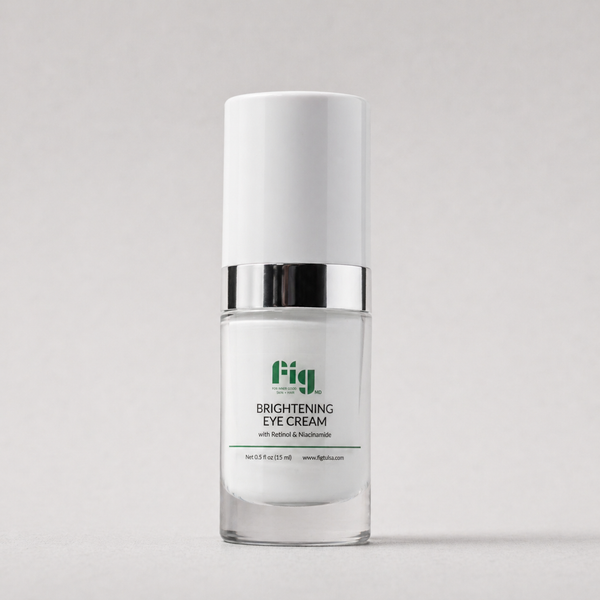 Fig MD Brightening Eye Cream tube with natural background, emphasizing anti-aging and brightening benefits.