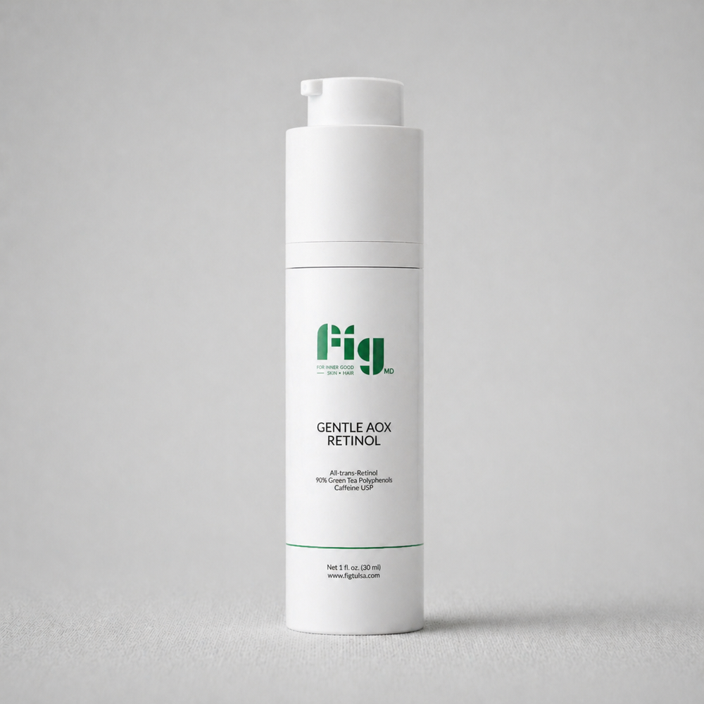 Fig MD Gentle AOX Retinol serum bottle with green tea and hyaluronic acid elements for smoother, firmer skin
