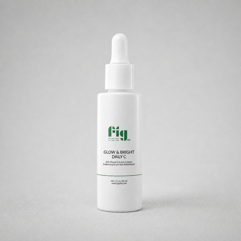 Fig MD Glow & Bright Daily C serum bottle with bright, radiant skin background