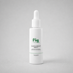 Fig MD Glow & Bright Daily C serum bottle with bright, radiant skin background