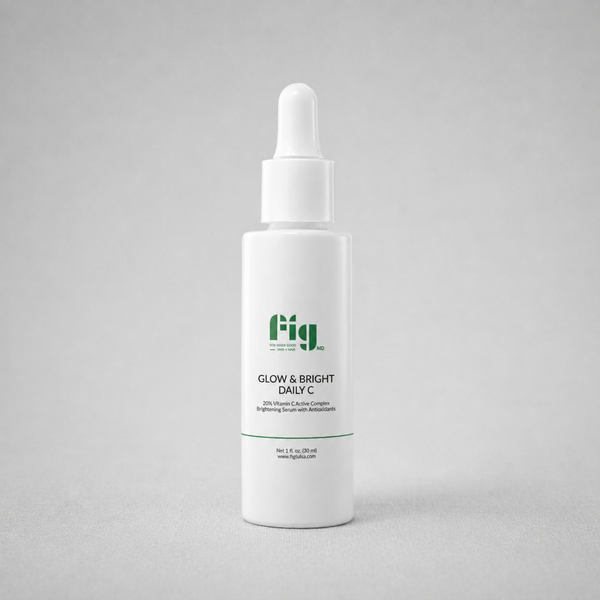 Fig MD Glow & Bright Daily C serum bottle with bright, radiant skin background