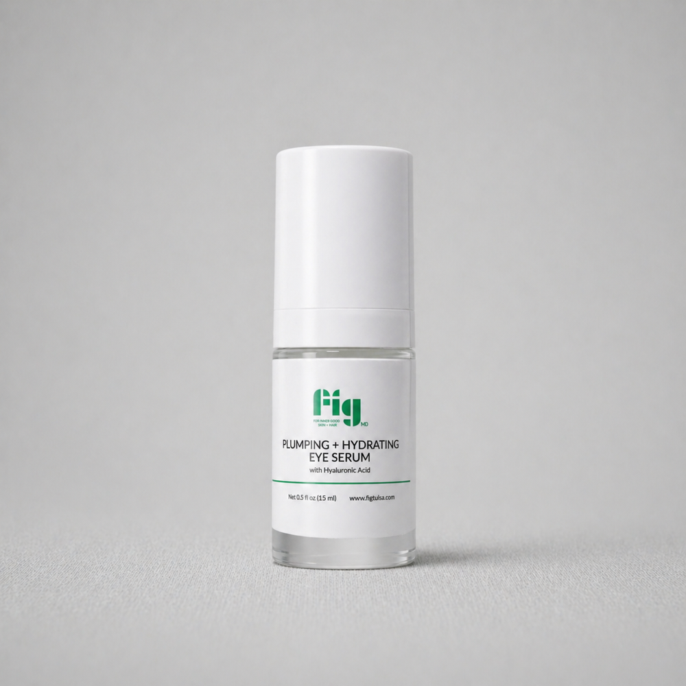 Fig MD Plumping & Hydrating Eye Serum bottle with ingredients list and product benefits for eye rejuvenation