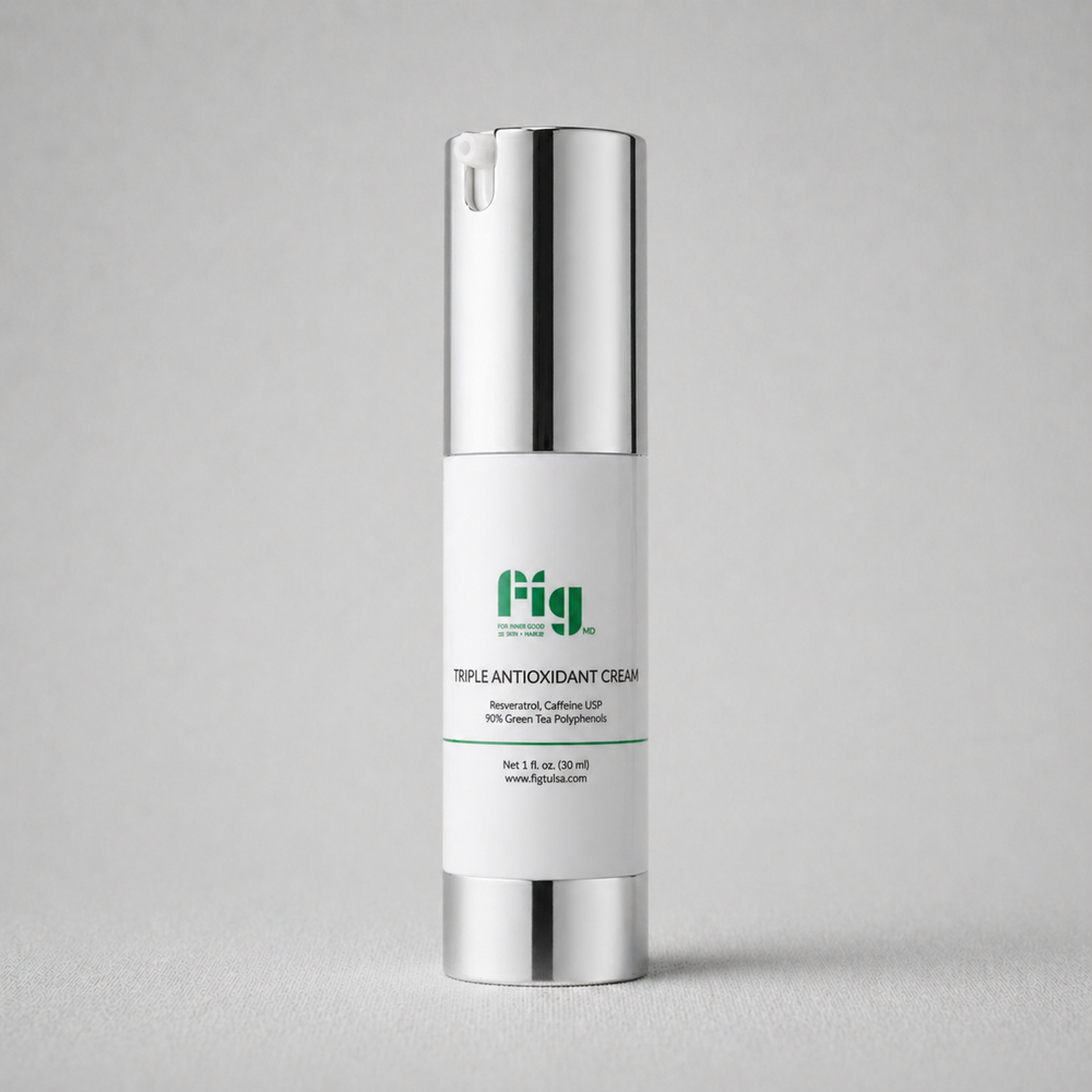 Fig MD Triple Antioxidant Cream jar with green and white packaging designed to reduce redness, wrinkles, and puffiness using green tea polyphenols, resveratrol, and caffeine.