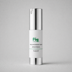 Fig MD Triple Antioxidant Cream jar with green and white packaging designed to reduce redness, wrinkles, and puffiness using green tea polyphenols, resveratrol, and caffeine.
