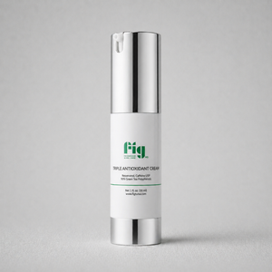 Fig MD Triple Antioxidant Cream jar with green and white packaging designed to reduce redness, wrinkles, and puffiness using green tea polyphenols, resveratrol, and caffeine.