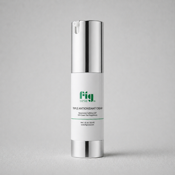 Fig MD Triple Antioxidant Cream jar with green and white packaging designed to reduce redness, wrinkles, and puffiness using green tea polyphenols, resveratrol, and caffeine.
