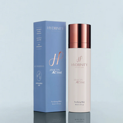 Hydrinity Hyacyn Active Purifying Mist skincare spray with blue packaging and rose gold cap