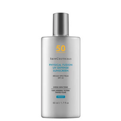 SkinCeuticals Physical Fusion UV Defense SPF 50 tinted mineral sunscreen for broad spectrum UVA/UVB protection and even skin tone