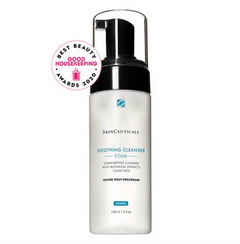 SkinCeuticals Soothing Cleanser foam bottle with botanical extracts for sensitive skin and award badge