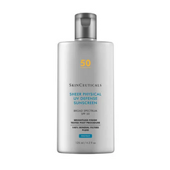 Skinceuticals Sheer Physical UV Defense SPF 50 broad spectrum, weightless mineral sunscreen with transparent finish for sensitive and aging skin